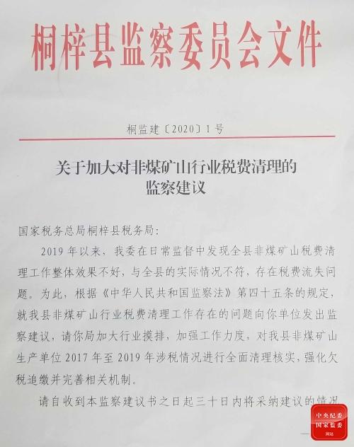 圖為貴州省遵義市桐梓縣監委向縣稅務局發出的監察建議書